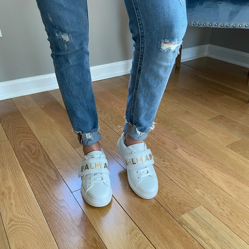 Balmain White Leather Sneakers with Gold Logo Strap